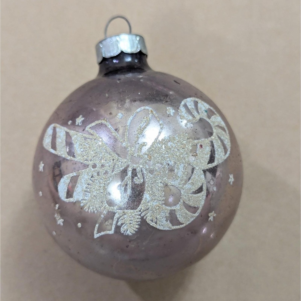 Vintage Candy Cane Stencil Mica Glitter Pink Glass Christmas Ornament 4x3.5 USA